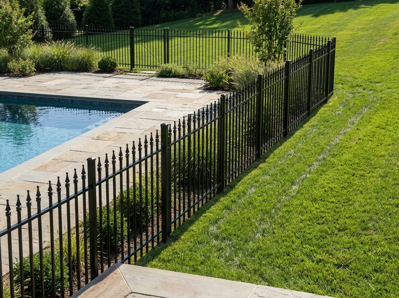 Black ornamental aluminum fence racked smoothly along a grassy slope next to a stone swimming pool patio
