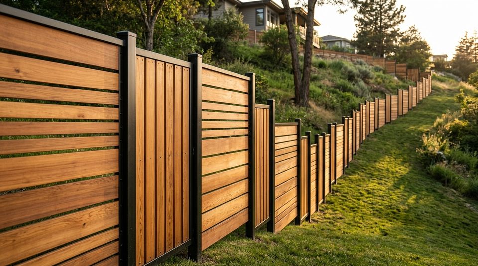 Stepped horizontal and vertical cedar wood fence with black steel posts following a sloped residential hillside